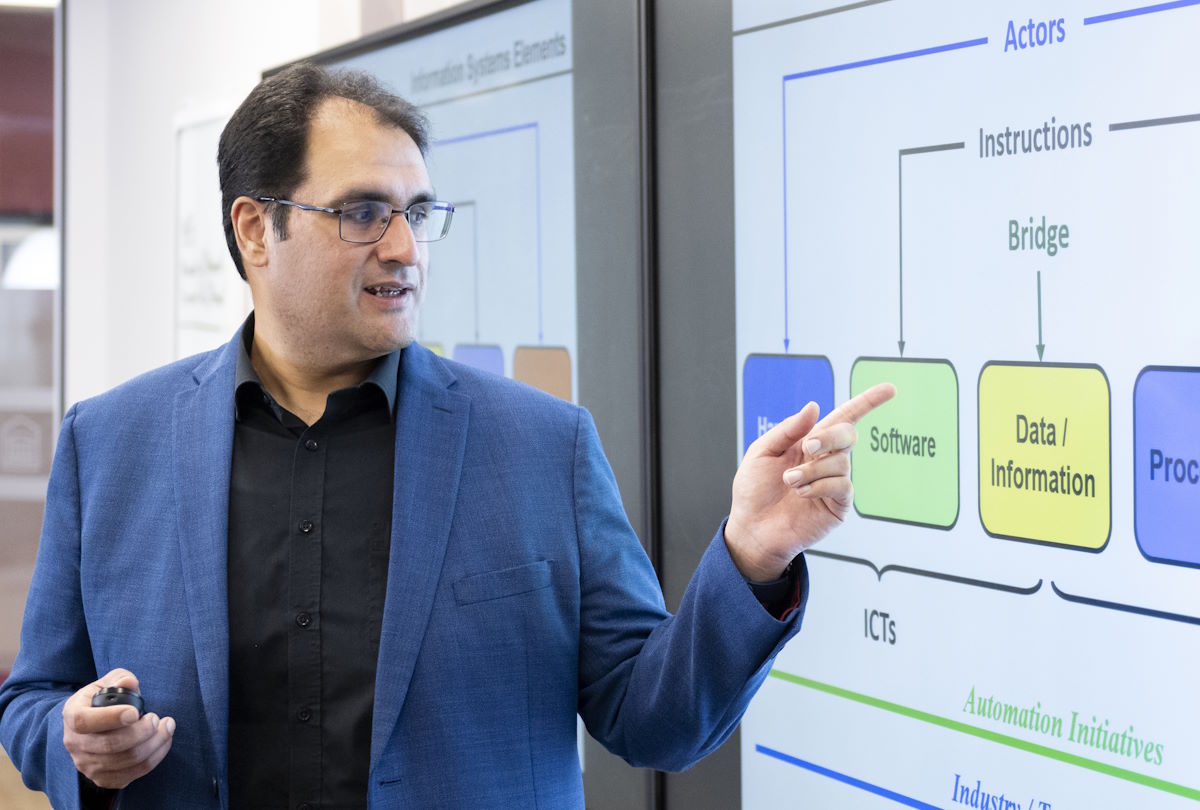 Photo du professeur Umar Ruhi en classe, pointant un diagramme sur les stratégies d’affaires au tableau intelligent; photo originale.