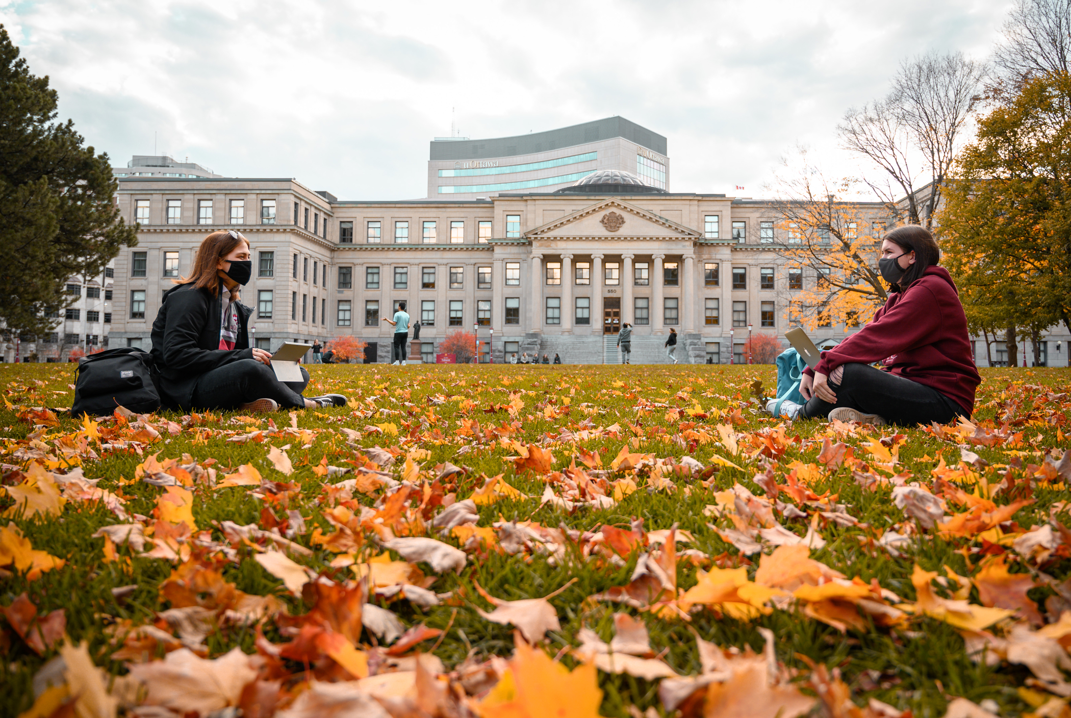 Two students study together in the field in front of the Tabaret building using their laptops